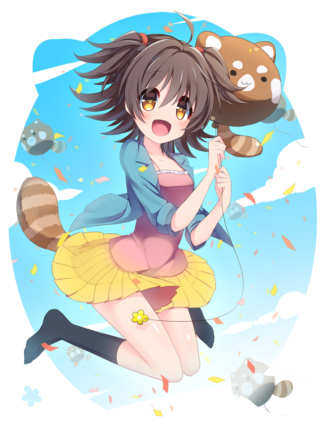 1girl ahoge akagi_miria animal_balloon balloon black_socks blue_cardigan blue_sky blue_sleeves border brown_hair cardigan circle_skirt cloud coattails collared_cardigan commentary_request confetti frilled_tank_top full_body highres holding holding_balloon idolmaster idolmaster_cinderella_girls kneehighs light_blush long_sleeves looking_ahead midair miniskirt no_shoes open_cardigan open_clothes open_mouth outside_border pink_tank_top pleated_skirt red_panda red_panda_tail see-through see-through_skirt short_hair skirt sky sleeves_past_elbows smile socks solo spaghetti_strap tank_top transparent_border two_side_up usamata yellow_eyes yellow_skirt