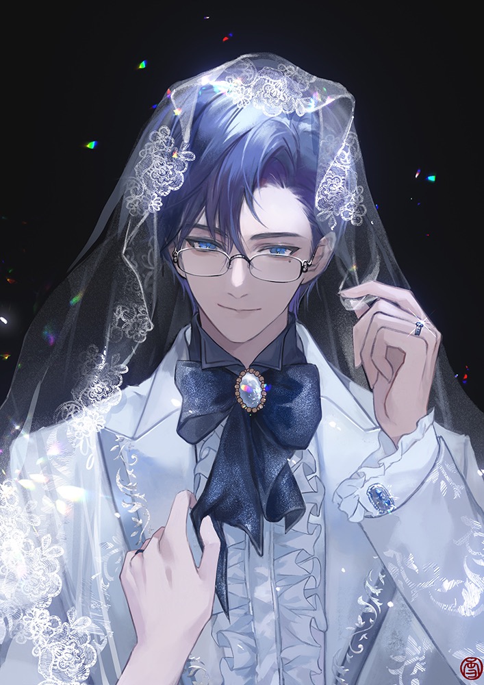 1boy black_background black_bow black_bowtie blue_eyes blue_gemstone blue_hair bow bowtie bridal_veil brooch buttoned_cuffs center_frills clarence_clayden closed_mouth curtained_hair dark_blue_hair frilled_sleeves frills gem glasses groom hair_between_eyes hand_on_headwear hand_up jacket jewelry lapels light_particles long_sleeves looking_at_viewer lovebrush_chronicles male_focus mole mole_under_eye open_clothes open_jacket out_of_frame peaked_lapels pov pov_hands ring shirt short_hair smile solo upper_body veil wedding_ring white_gemstone white_jacket white_shirt xuedaixun