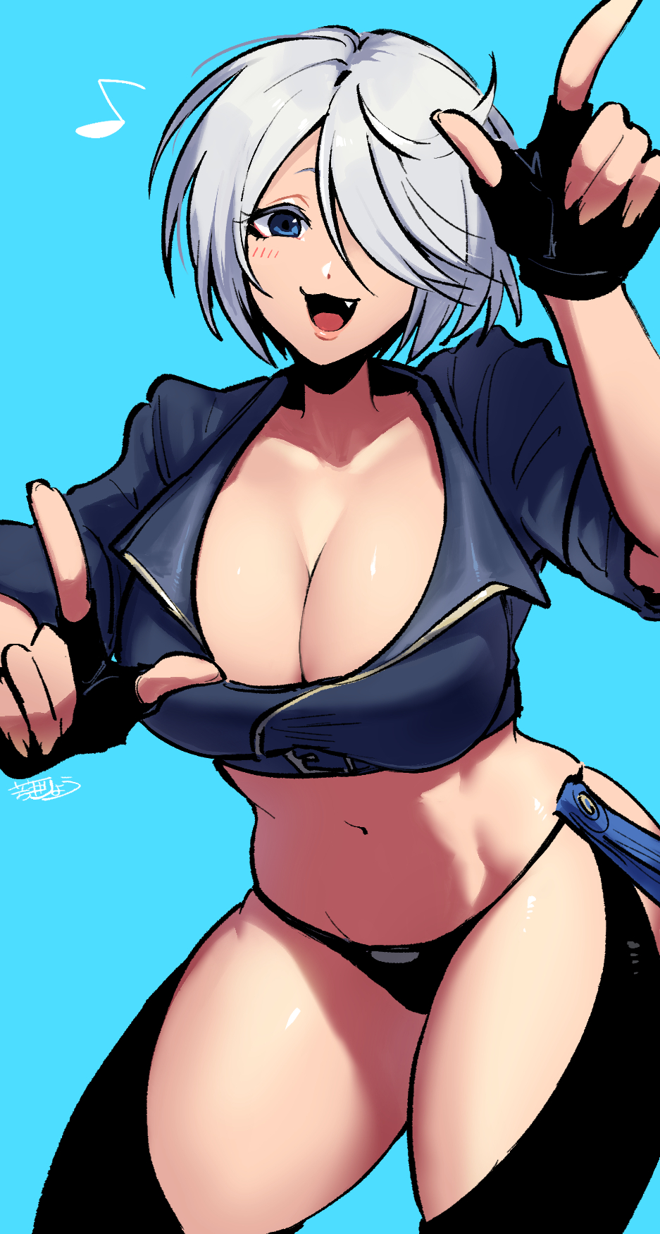 1girl angel_(kof) backless_pants blue_eyes bra breasts chaps cleavage crop_top cropped_jacket fingerless_gloves gloves hair_over_one_eye highres horns_pose index_fingers_raised jacket large_breasts leather leather_jacket looking_at_viewer midriff navel panties pants ryo_yo_shi short_hair smile snk solo strapless strapless_bra the_king_of_fighters the_king_of_fighters_xiv toned underwear white_hair