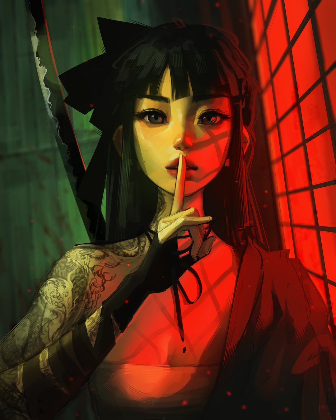 1girl arm_tattoo bandaged_arm bandages black_eyes black_hair blood blurry blurry_background commentary english_commentary finger_to_mouth highres implied_murder katana long_hair looking_at_viewer neck_tattoo original sam_yang shouji shushing sliding_doors solo sword tattoo upper_body weapon