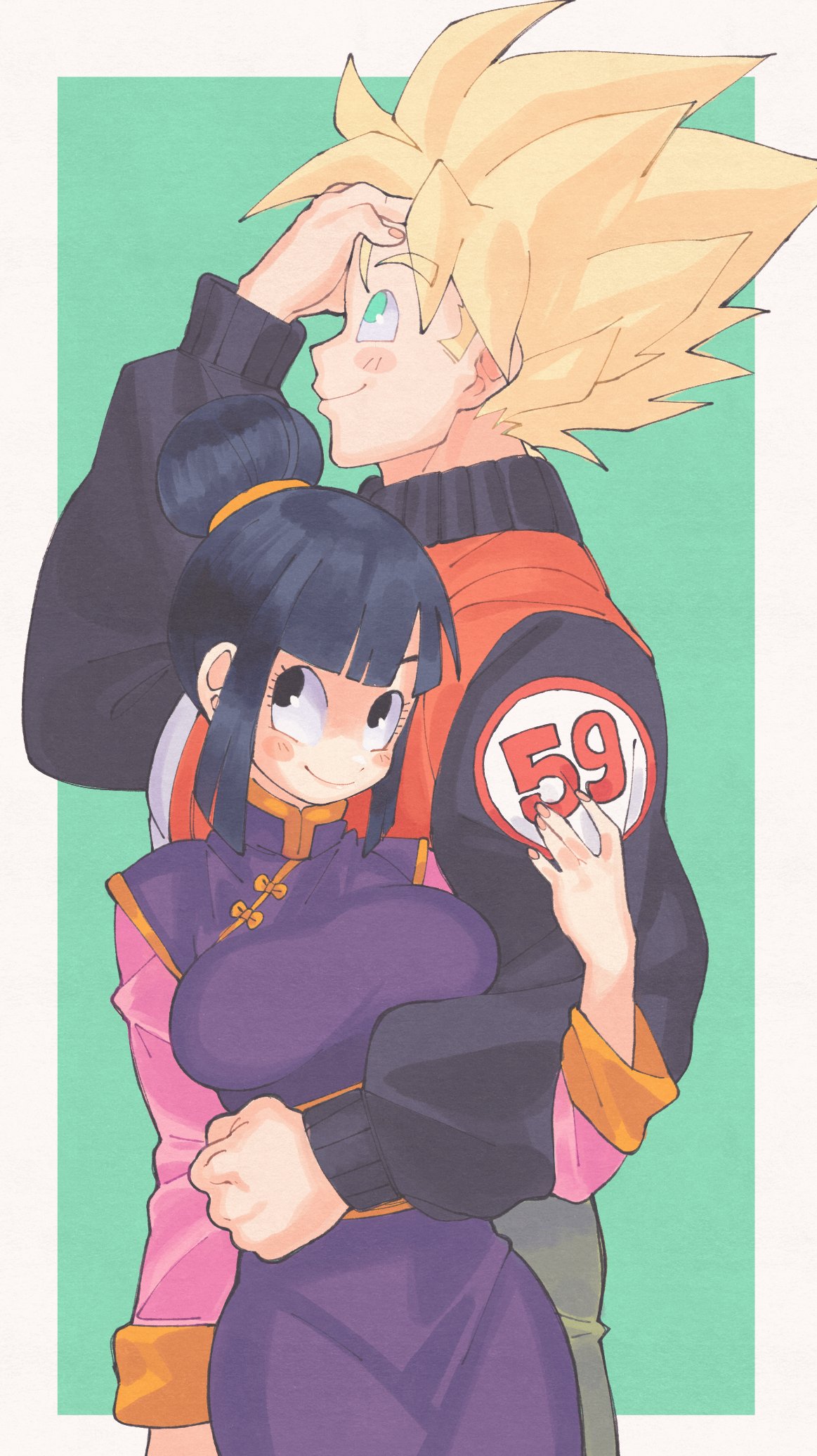 1boy 1girl black_eyes black_hair black_jacket blonde_hair blush_stickers chi-chi_(dragon_ball) china_dress chinese_clothes dragon_ball dragon_ball_z dress from_side green_background green_eyes hair_bun highres hug inkerton-kun jacket medium_hair multicolored_clothes multicolored_jacket number_print number_pun orange_jacket purple_dress simple_background son_goku spiked_hair super_saiyan super_saiyan_1