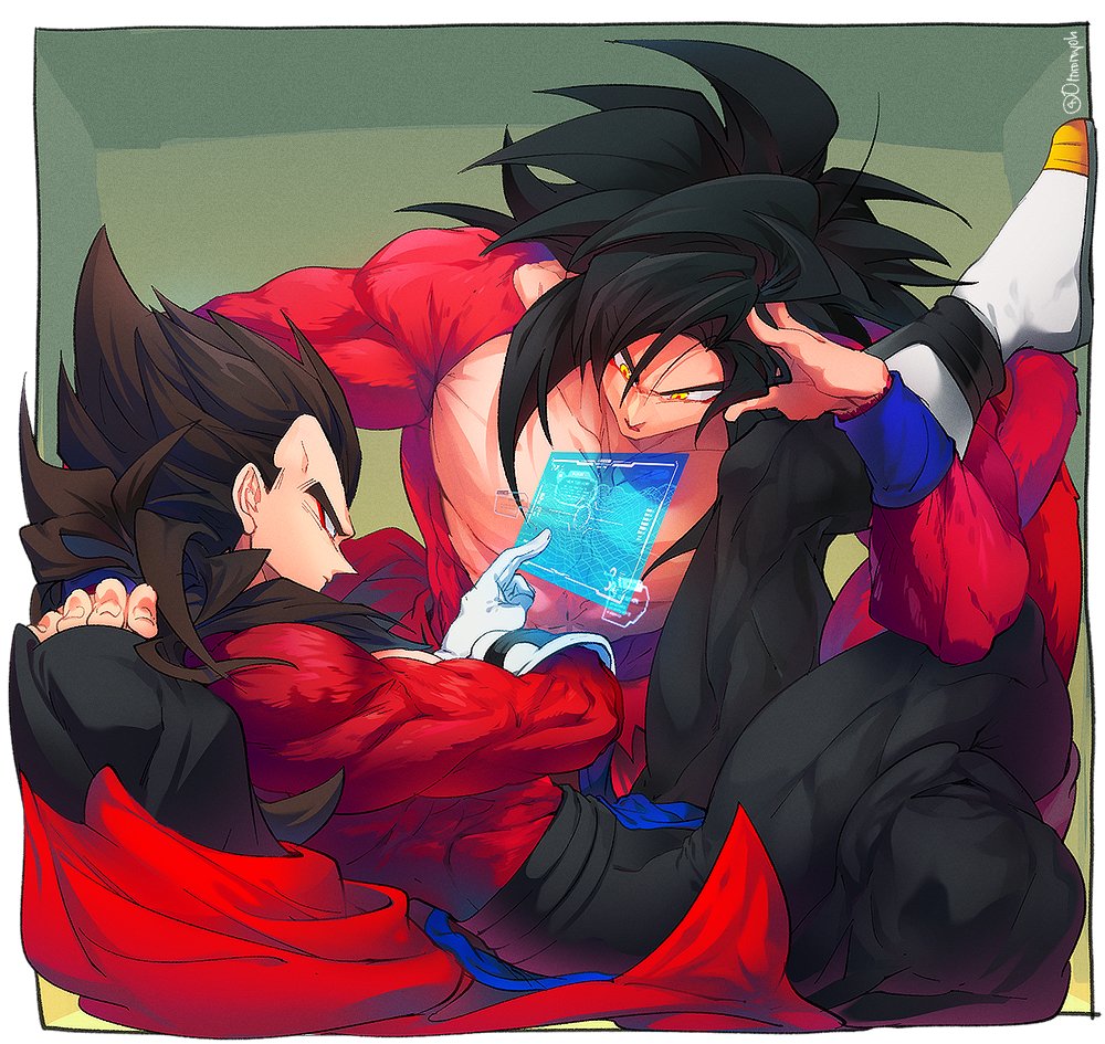 black_hair blue_eyes blue_sash blue_wristband closed_mouth dougi dragon_ball dragon_ball_heroes gloves long_hair male_focus monkey_boy monkey_tail multiple_boys muscular muscular_male ommmyoh pants red_fur saiyan sash son_goku_(xeno) spiked_hair stuck_in_a_box super_saiyan super_saiyan_4 tail time_patrol_(dragon_ball) twitter_username vegeta_(xeno)