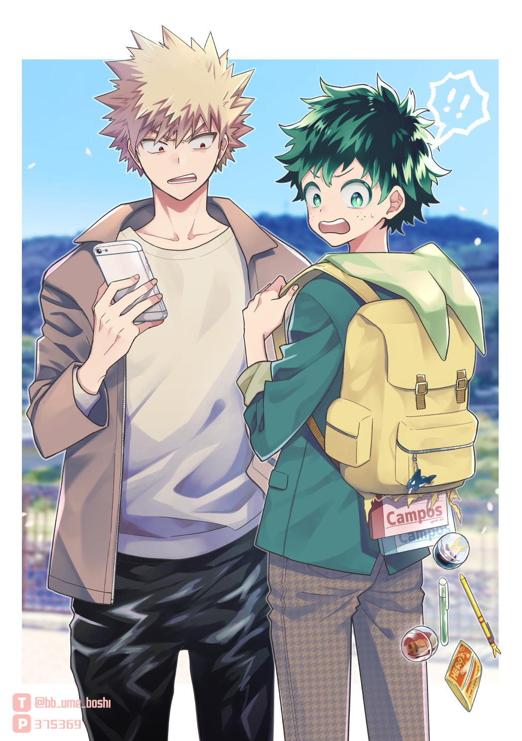 ! !! 2boys all_might alternate_costume animal_charm aqua_jacket backpack bag bag_charm bakugou_katsuki blonde_hair blurry blurry_background boku_no_hero_academia bright_pupils brown_jacket brown_pants buckle cameo casual character_doll charm_(object) check_clothing collarbone colored_eyelashes constricted_pupils cowboy_shot day falling falling_petals freckles furrowed_brow gashapon green_eyes green_hair green_hood grey_outline grey_shirt hair_between_eyes hand_up hawks_(boku_no_hero_academia) highres holding holding_phone hood hood_down hooded_jacket houndstooth jacket leather leather_pants looking_back looking_down male_focus midoriya_izuku multiple_boys notebook open_clothes open_jacket open_mouth outdoors outside_border pants pen petals phone pixiv_id pixiv_logo pocket print_pants red_eyes sanpaku shirt short_hair sleeves_past_elbows speech_bubble spiked_hair spoken_exclamation_mark surprised sweatdrop t-shirt teeth torn_bag toy turning_head twitter_logo twitter_username ume_(326310) unmoving_pattern upper_teeth_only v-shaped_eyebrows white_pupils wide-eyed yellow_bag zipper_pull_tab