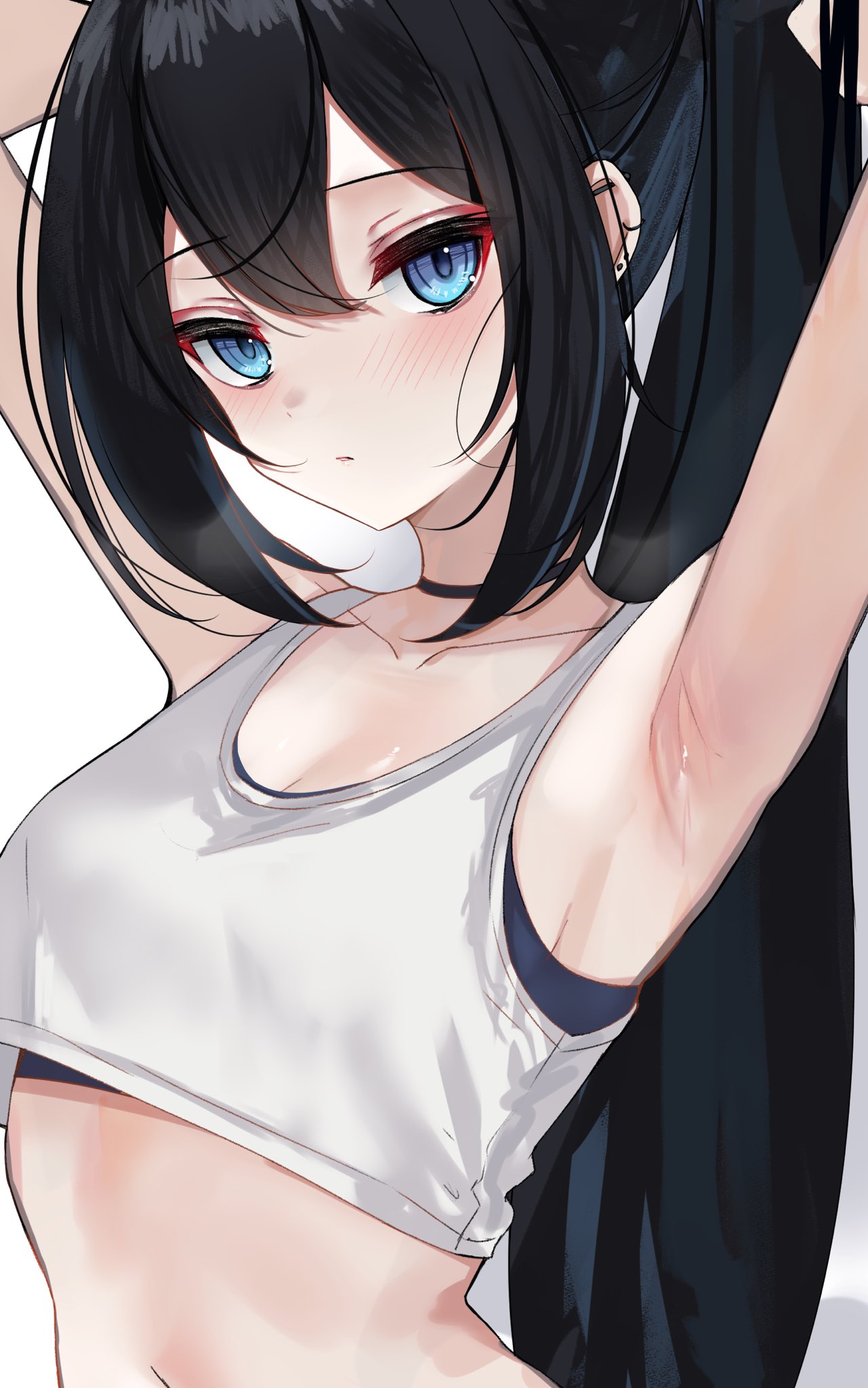 1girl arm_up armpits black_choker black_hair blue_eyes blue_sports_bra breasts choker cleavage crop_top hair_between_eyes highres light_blush long_hair looking_at_viewer medium_breasts midriff navel original parted_lips rifufu simple_background solo sports_bra tank_top upper_body white_background