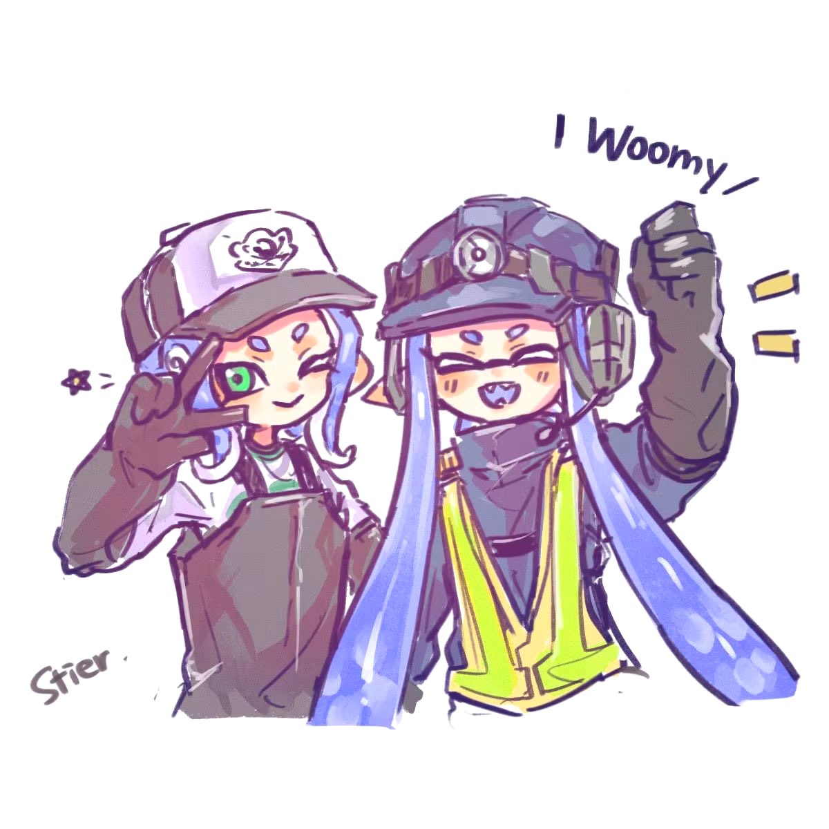 2girls :d ;) ^_^ aqua_eyes arm_up baseball_cap black_gloves black_overalls blue_hair blue_headwear chinese_commentary closed_eyes closed_mouth duct_tape elbow_gloves fangs gloves hat headset helmet high-visibility_vest highres inkling inkling_girl inkling_player_character long_hair medium_hair mining_helmet multiple_girls octoling octoling_girl octoling_player_character one_eye_closed open_mouth overalls pointy_ears rubber_gloves salmon_run_(splatoon) simple_background smile splatoon_(series) star_(symbol) suction_cups tentacle_hair thenintlichen96 v v_over_eye very_long_hair white_background