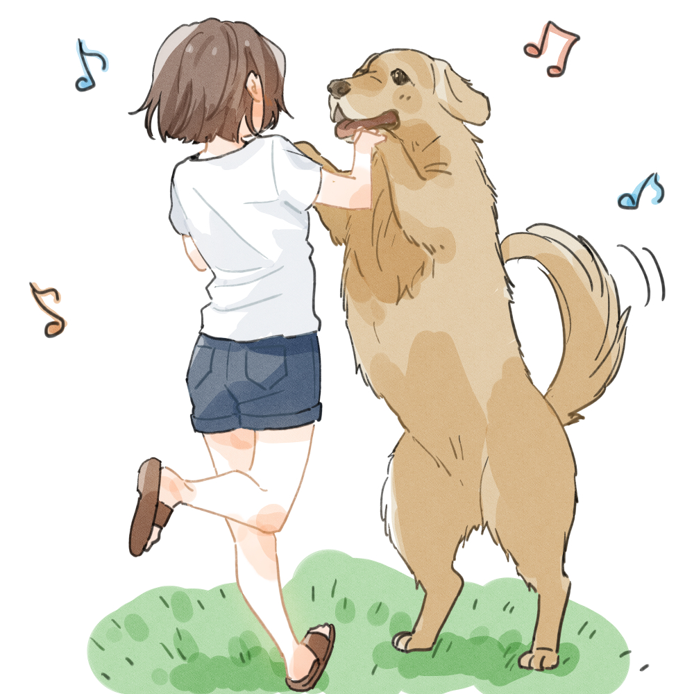 1girl bare_legs brown_hair chanosuke dancing denim denim_shorts golden_retriever grass holding_hands idolmaster idolmaster_cinderella_girls mizuki_seira musical_note shirt short_hair shorts solo standing standing_on_one_leg white_shirt