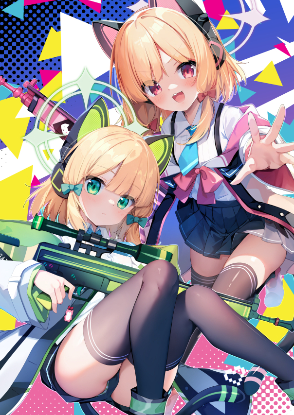 2girls :d animal_ear_headphones animal_ears black_thighhighs blonde_hair blue_archive blue_necktie blunt_bangs blush bow cat_ear_headphones closed_mouth collared_shirt commentary_request expressionless fake_animal_ears feet_out_of_frame green_bow green_eyes green_halo gun hair_bow halo headphones holding holding_gun holding_weapon knee_up knees_up long_sleeves looking_at_viewer medium_hair midori_(blue_archive) miniskirt momoi_(blue_archive) multiple_girls nanamomo_rio necktie open_hand open_mouth panties pink_halo pleated_skirt red_bow red_eyes rifle shirt short_necktie siblings sisters sitting skirt smile striped_clothes striped_panties teeth thighhighs thighs tiptoes twins underwear upper_teeth_only upshorts v-shaped_eyebrows weapon white_shirt wide_sleeves zettai_ryouiki