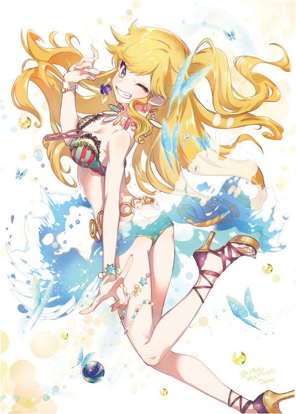 1girl artist_name ass bare_shoulders bead_bracelet beads belly_chain bikini blonde_hair blue_eyes bracelet breasts bug butterfly candy cleavage collarbone dekooop dot_nose earrings floating_hair food from_behind grin hand_up holding holding_candy holding_food holding_lollipop idolmaster idolmaster_cinderella_girls idolmaster_cinderella_girls_starlight_stage index_finger_raised jewelry large_breasts leg_up lollipop long_hair looking_at_viewer multicolored_bikini multicolored_clothes necklace o-ring ohtsuki_yui one_eye_closed pink-framed_eyewear ponytail smile solo splashing standing standing_on_one_leg star_(symbol) star_bracelet star_earrings strappy_heels striped_bikini striped_clothes swimsuit thigh_beads toes two-tone_footwear unworn_eyewear wavy_hair