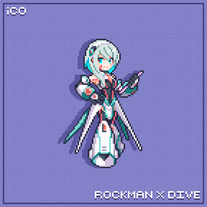 1girl black_leotard blue_eyes boots breasts character_name cleavage copyright_name full_body grey_hair headgear holding ico ico_(megaman_x_dive) leotard medium_breasts medium_hair mega_man_(series) mega_man_x_(series) mega_man_x_dive nghtmrsrph pixel_art robot_girl solo white_footwear