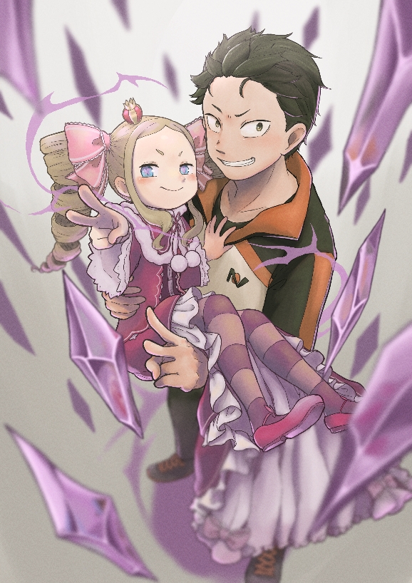 beatrice_(re:zero) black_footwear black_hair blonde_hair blue_eyes blush brown_eyes butterfly-shaped_pupils capelet carrying carrying_person closed_mouth commentary_request crown crystal dress drill_hair fur-trimmed_capelet fur_trim grey_background hair_ribbon hair_slicked_back jacket kotarou_(kotakota_ee) long_hair long_sleeves looking_at_viewer mini_crown natsuki_subaru pantyhose pink_footwear pink_ribbon princess_carry purple_ribbon re:zero_kara_hajimeru_isekai_seikatsu red_capelet red_dress ribbon short_hair sidelocks simple_background smile striped_clothes striped_pantyhose symbol-shaped_pupils track_jacket track_suit twin_drills v wide_sleeves