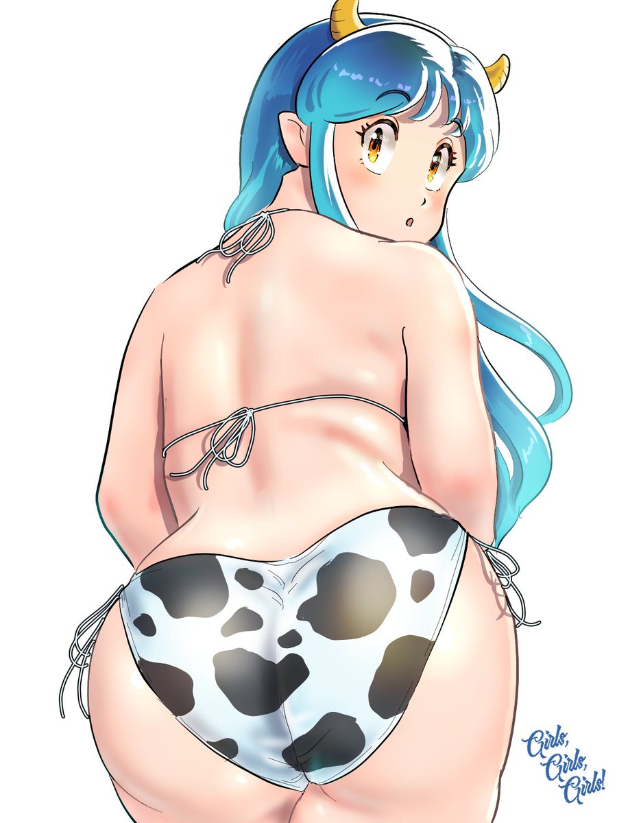 1girl animal_print ass bikini blue_hair cow_girl cow_horns cow_print from_behind highres horns huge_ass kenken28937178 looking_at_viewer looking_back lum simple_background solo_focus swimsuit urusei_yatsura white_background yellow_eyes