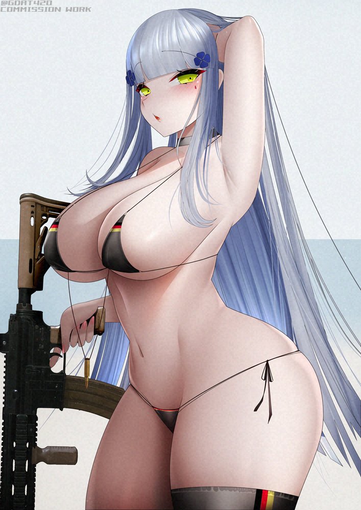 1girl arm_behind_head arm_up armpits assault_rifle bare_shoulders bikini black_choker blue_hair blush breasts choker cleavage gdat girls'_frontline green_eyes gun h&amp;k_hk416 hair_ornament hk416_(girls'_frontline) holding holding_weapon large_breasts long_hair looking_at_viewer navel nipples open_mouth presenting_armpit rifle simple_background solo stomach swimsuit very_long_hair weapon