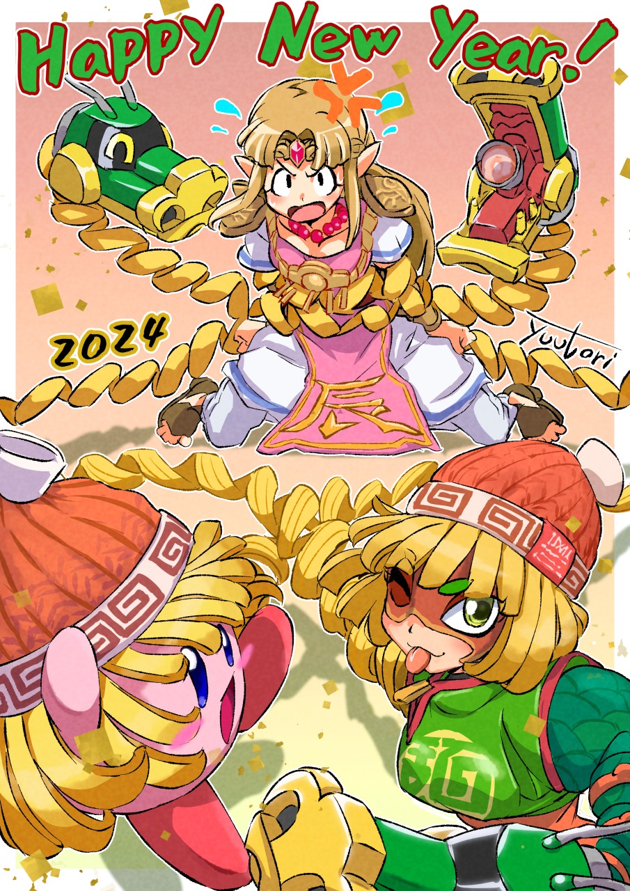 2024 2girls anger_vein arms_(game) blonde_hair blush_stickers bound chinese_zodiac collarbone colored_skin commentary_request copy_ability cosplay domino_mask dragon_(arms) green_eyes happy_new_year highres kirby kirby_(series) knit_hat light_brown_hair looking_at_viewer mask min_min_(arms) min_min_(arms)_(cosplay) multiple_girls one_eye_closed pink_skin pointy_ears princess_zelda signature solid_oval_eyes super_smash_bros. the_legend_of_zelda the_legend_of_zelda:_a_link_between_worlds tied_up_(nonsexual) tongue tongue_out year_of_the_dragon you_bird