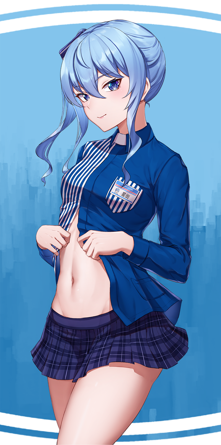 1girl bangs blue_background blue_hair blue_shirt blush breast_pocket closed_mouth collared_shirt commentary_request cowboy_shot employee_uniform eyebrows_visible_through_hair gradient gradient_background hair_between_eyes highres hololive hoshimachi_suisei jirofly lawson long_hair long_sleeves looking_at_viewer miniskirt navel open_clothes open_shirt plaid plaid_skirt pleated_skirt pocket purple_eyes purple_skirt shirt side_ponytail sidelocks skirt smile solo stomach striped thighs undressing uniform vertical_stripes virtual_youtuber