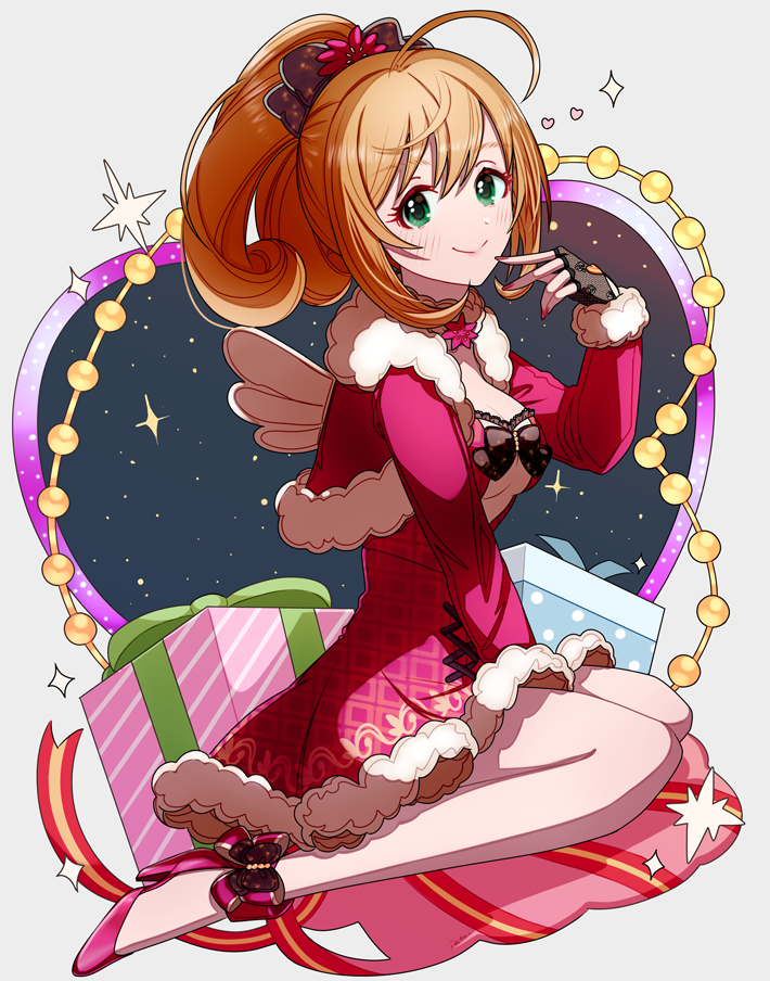 1girl ahoge ankle_bow between_legs blonde_hair bow breasts christmas cleavage commentary_request cropped_jacket dress finger_to_mouth fingerless_gloves full_body fur-trimmed_jacket fur_collar fur_trim gift gloves green_eyes hair_bow hand_between_legs heart high_heels ich. idolmaster idolmaster_cinderella_girls jacket long_hair long_sleeves looking_at_viewer looking_to_the_side medium_breasts nail_polish pink_dress pink_footwear pink_jacket pink_nails ponytail ribbon santa_costume sato_shin shoes sitting smile solo star_(sky) wariza