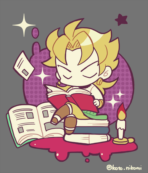 1boy blonde_hair book book_stack candle chibi chibi_only closed_eyes closed_mouth crossed_legs dio_brando earrings fire full_body grey_background jewelry jojo_no_kimyou_na_bouken kotorai male_focus no_nose open_book reading short_hair sitting solo sparkle star_(symbol) twitter_username