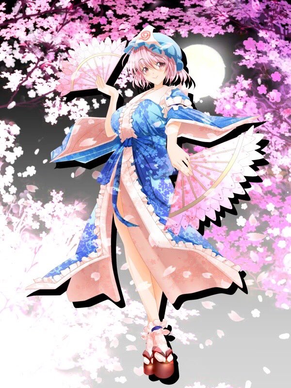 1girl black_background blue_headwear blue_kimono blush brown_footwear cherry_blossoms closed_mouth commentary_request frilled_kimono frills full_body gradient_background japanese_clothes kimono long_sleeves okobo pink_eyes pink_hair saigyouji_yuyuko sandals short_hair smile socks solo touhou white_socks wide_sleeves yanmarson