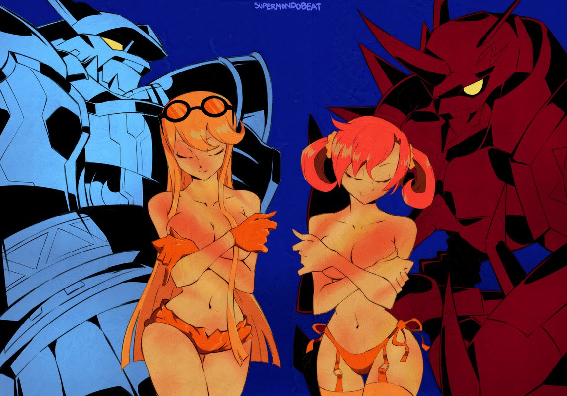 2girls armor bare_shoulders black_gloves blonde_hair breasts cleavage collarbone covering_breasts covering_privates digimon digimon_(creature) digimon_story:_cyber_sleuth digimon_story:_cyber_sleuth_-_hacker's_memory eyewear_on_head gloves hand_on_own_chest large_breasts limited_palette long_hair multiple_girls navel no_bra omegamon panties red_hair scarf shiramine_nokia simple_background stomach sunglasses supermondobeat thighhighs topless twintails underwear