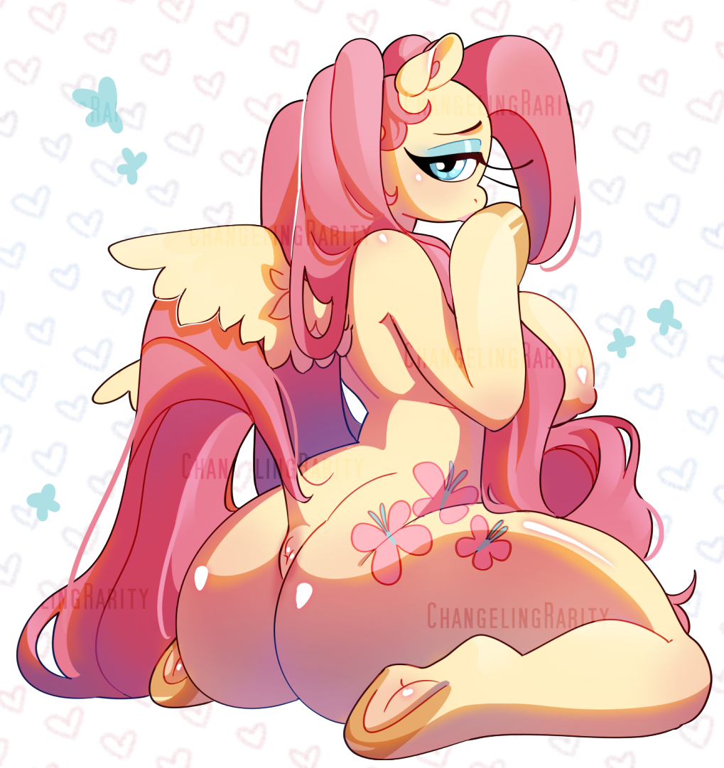 anthro anus big_breasts big_butt breasts butt changelingrarity cutie_mark equid equine female fluttershy_(mlp) friendship_is_magic glistening glistening_body hair hasbro hooves horse mammal my_little_pony pink_hair pony ponytail ponytail_over_shoulder presenting presenting_anus sitting sitting_on_ground solo thick thick_thighs wide_hips