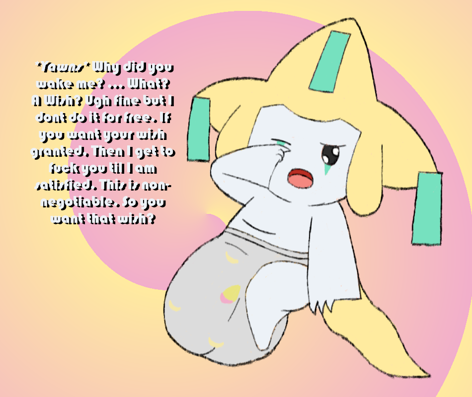 briefs bulge clothed clothing digital_media_(artwork) dragman english_text generation_3_pokemon genitals humanoid jirachi legendary_pokemon male mammal nintendo open_mouth penis pokemon pokemon_(species) simple_background solo text topless underwear white_body