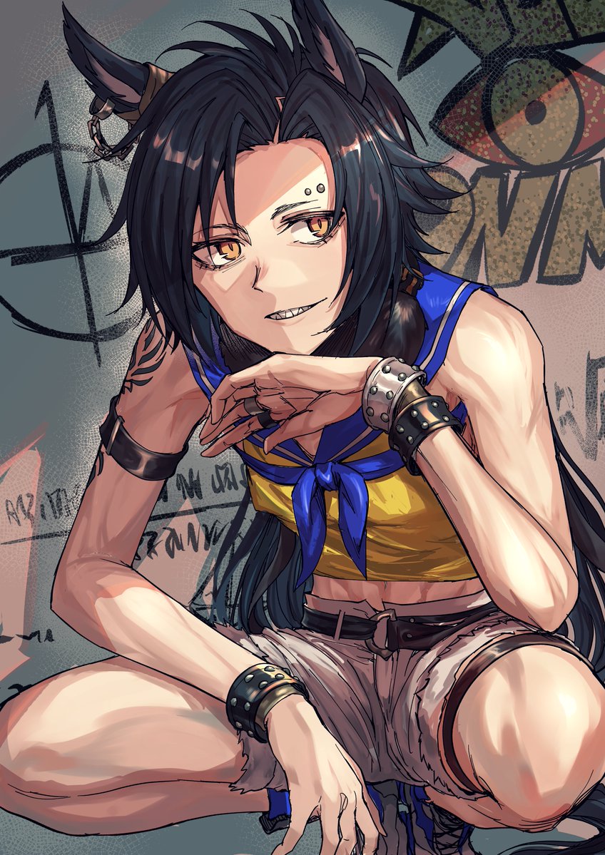 1girl air_shakur_(umamusume) animal_ears arm_tattoo armband bare_shoulders belt black_hair bow bowtie cutoffs eyebrow_piercing fur_choker graffiti horse_ears horse_girl horse_tail jewelry karate_(karatedazey) long_hair looking_at_viewer midriff multiple_rings parted_bangs parted_lips piercing ring sailor_collar shadow sharp_teeth shirt shoes shorts sleeveless sleeveless_shirt smile sneakers solo squatting tail tattoo teeth thigh_strap umamusume white_shorts wristband yellow_eyes yellow_shirt