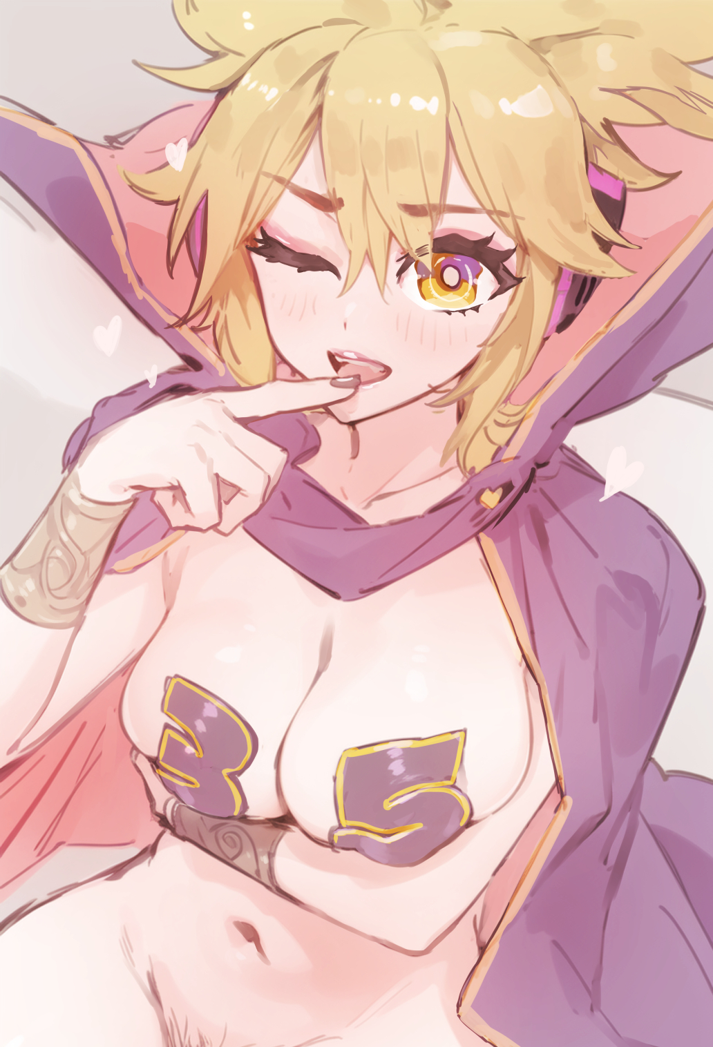 blonde_hair bracelet breasts cape collarbone earmuffs highres jewelry looking_at_viewer medium_breasts mons_pubis navel open_mouth pasties pointy_hair pubic_hair purple_cape purple_lips senmura tongue tongue_out touhou toyosatomimi_no_miko yellow_eyes