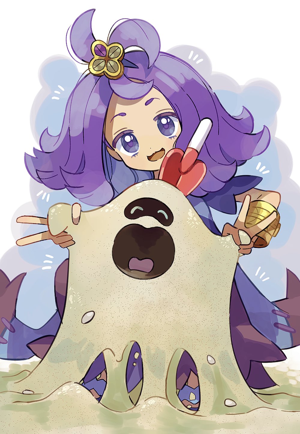 1girl acerola_(pokemon) bracelet commentary_request double_v highres jewelry looking_at_viewer medium_hair open_mouth pokemon pokemon_(creature) pokemon_sm purple_eyes purple_hair sand sandygast shovel smile v white_background yunme