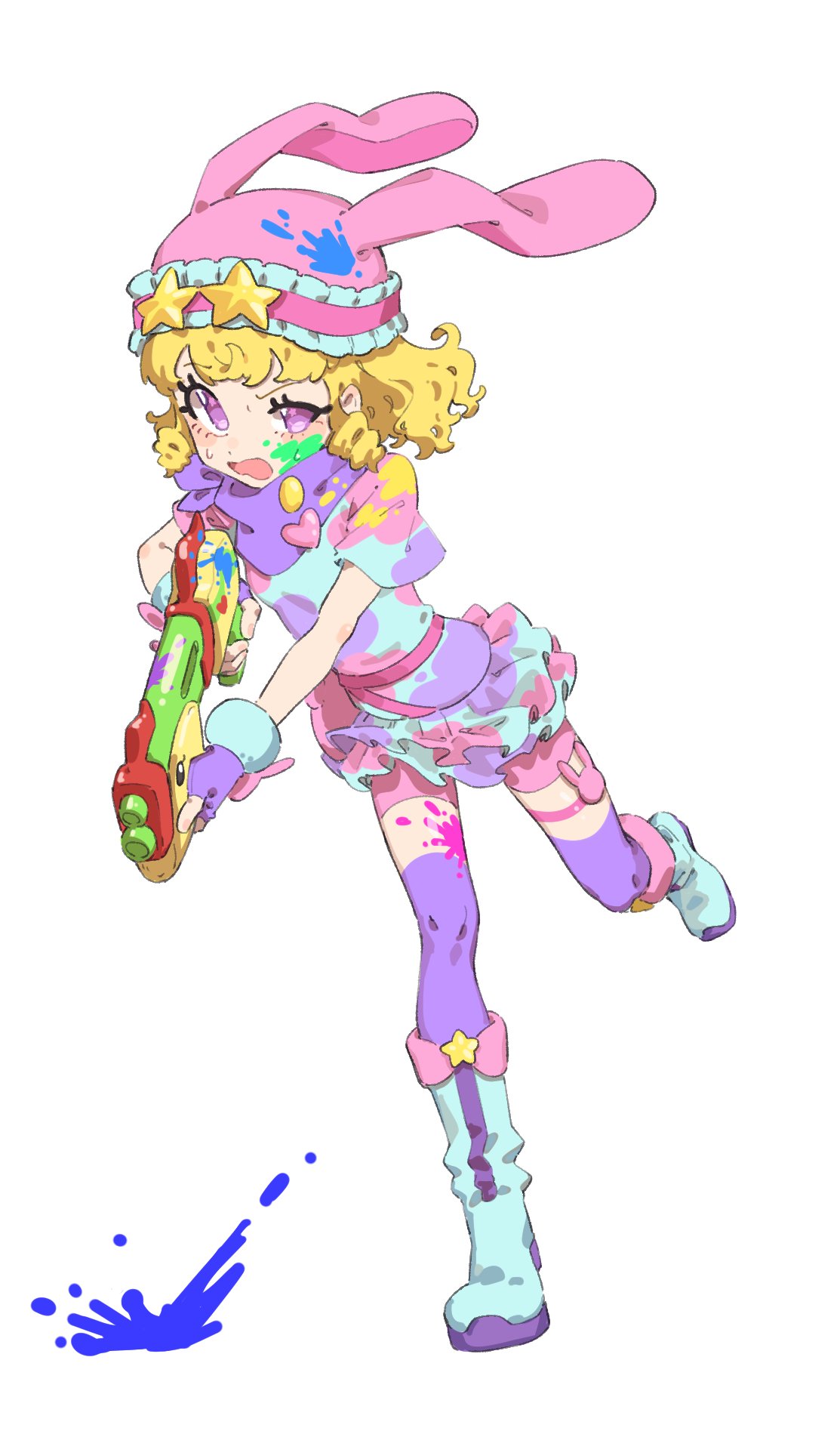 1girl animal_hat blonde_hair blue_footwear boots dress fingerless_gloves fugota6509 full_body gloves gun half-closed_eye hat heart highres holding holding_gun holding_weapon idol_time_pripara knee_boots looking_at_viewer multicolored_clothes multicolored_dress open_mouth paint paint_on_body paint_on_clothes paint_splatter paint_splatter_on_face pink_headwear pink_shorts pretty_series pripara purple_eyes purple_gloves purple_scarf rabbit_hat ringlets running scarf short_hair short_sleeves shorts simple_background solo standing standing_on_one_leg star_(symbol) sweatdrop water_gun weapon white_background yumekawa_yui