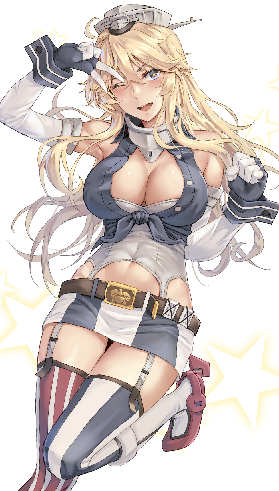 1girl ahoge american_flag_legwear armpits bare_shoulders belt belt_buckle blonde_hair blue_eyes breasts brown_belt buckle buttons cleavage covered_navel eyebrows_visible_through_hair front-tie_top garter_straps hair_between_eyes highres iowa_(kantai_collection) kantai_collection kokuzou large_breasts long_hair miniskirt mismatched_legwear navel one_eye_closed open_mouth rudder_footwear simple_background skirt smile solo star-shaped_pupils star_(symbol) symbol-shaped_pupils thighhighs v white_background