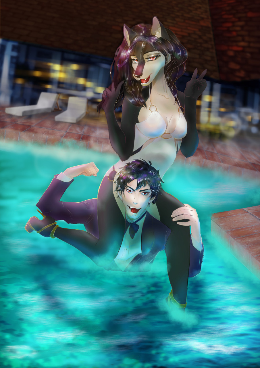 anthro black_clothing black_hair black_suit bow_tie canid canine carrying_another chair claws clothing colored dress duo fangs female footwear fox furniture gesture grin hair hand_gesture hi_res high_heels holding_both_legs human humanoid lights looking_at_viewer male male/female mammal markoos night piggyback pool pool_chair rashayritto red_eyes sitting_on_another smile suit teeth the_sake_ninja true_fox v_sign water wet wet_clothing