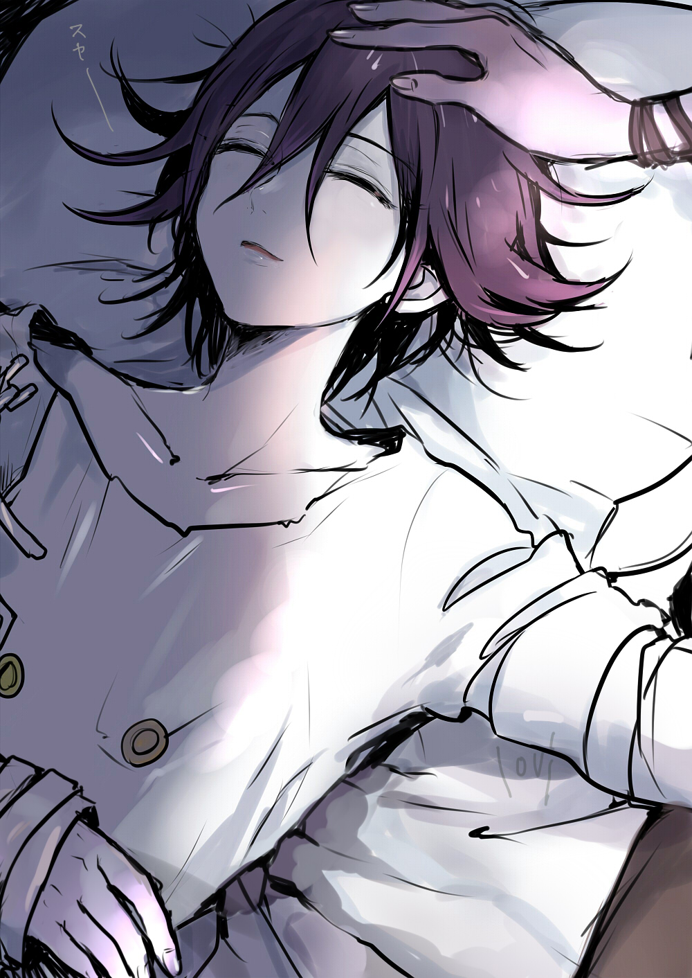 2boys amami_rantaro buttons closed_eyes collarbone danganronpa_(series) danganronpa_v3:_killing_harmony hair_between_eyes hand_on_another's_head highres long_sleeves lovi_(momoko37) lying multiple_boys oma_kokichi on_back on_bed out_of_frame parted_lips pillow puffy_long_sleeves puffy_sleeves purple_hair short_hair sidelighting sleeping solo_focus straitjacket upper_body