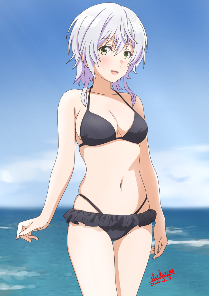 1girl bikini black_bikini blue_sky breasts cleavage cloud collarbone cowboy_shot dated day frilled_bikini frills green_eyes grey_hair horizon jaku-chara_tomozaki-kun kikuchi_fuuka medium_breasts multi-strapped_bikini_bottom navel ocean outdoors sakayaya short_hair signature sky solo swimsuit