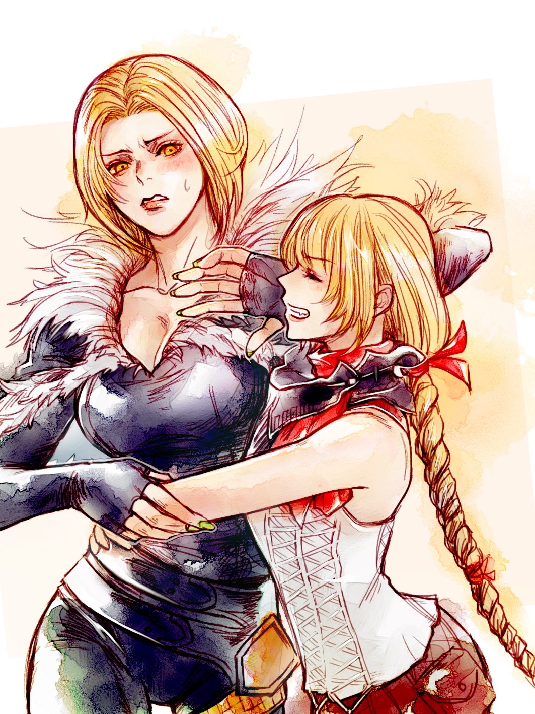 2girls azuiyo7210 bare_shoulders benedikta_harman black_bodysuit black_capelet blonde_hair blush bob_cut bodysuit braid braided_ponytail breasts capelet closed_eyes collarbone cowboy_shot facing_another feather-trimmed_capelet final_fantasy final_fantasy_xvi fingerless_gloves gloves green_nails grin highres hug large_breasts leather leather_pants long_hair looking_at_another midadol_telamon multiple_girls open_hand pants parted_bangs parted_lips shirt short_hair sleeveless sleeveless_shirt smile sweatdrop very_long_hair yellow_eyes