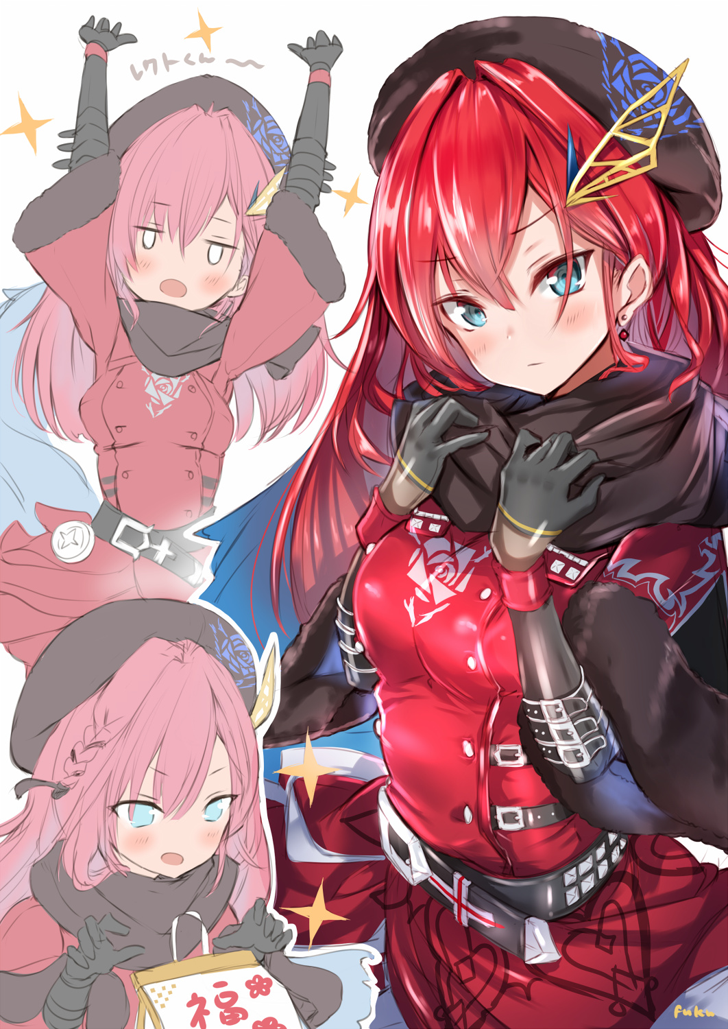 belt black_gloves black_hat blue_eyes blush elbow_gloves floral_print fuku_kitsune_(fuku_fox) gloves highres jacket kiara_(shironeko_project) long_hair red_eyes rose_print scarf shironeko_project