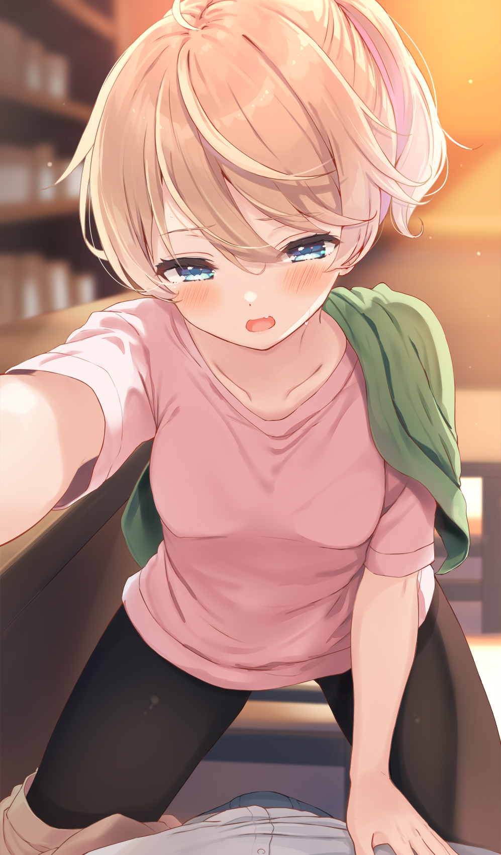 1girl 1other black_pants blonde_hair blue_eyes blurry blurry_background blush collarbone commentary_request girl_on_top highres indoors komone_ushio looking_down open_mouth original outstretched_arm pants pink_shirt ponytail shirt short_sleeves