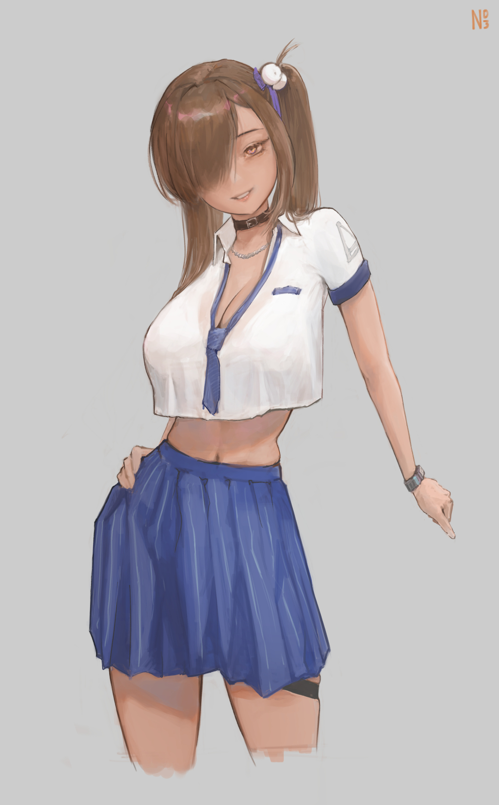 1girl artist_logo black_choker blue_skirt breasts brown_eyes brown_hair choker cleavage commentary contrapposto cowboy_shot cropped_legs cropped_shirt goddess_of_victory:_nikke grey_background grin hair_ornament hair_over_one_eye hand_on_own_hip head_tilt highres jewelry large_breasts looking_at_viewer midriff naga_(nikke) navel necklace numb3r_3 pleated_skirt school_uniform shirt short_sleeves simple_background skirt smile solo standing thigh_strap twintails watch white_shirt wristwatch