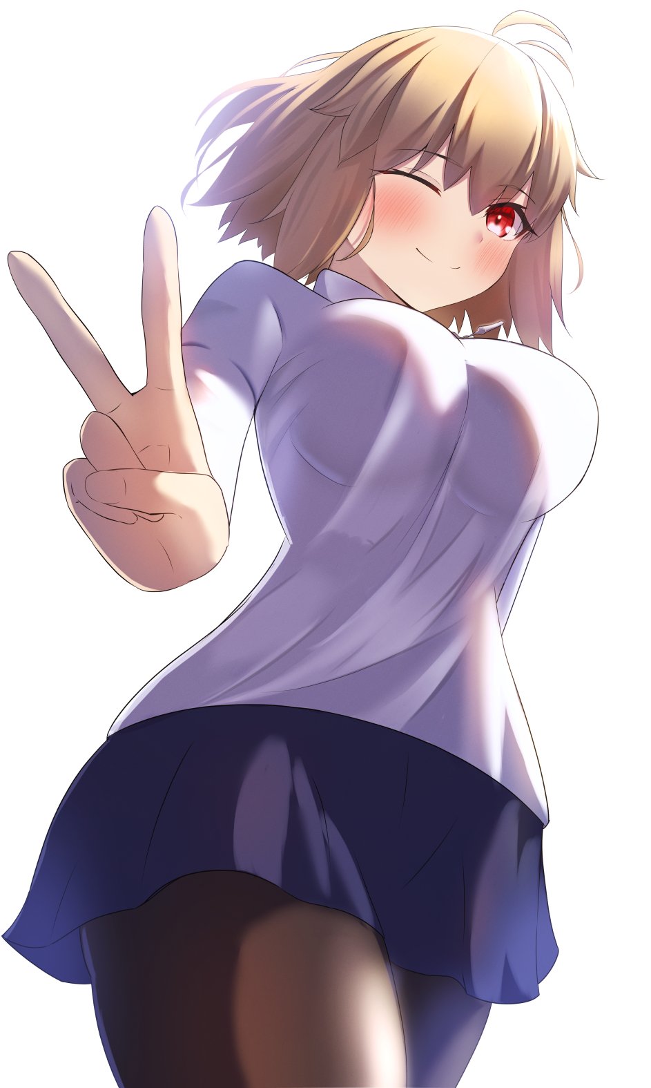 1girl ahoge antenna_hair arcueid_brunestud blonde_hair blush breasts dress hair_intakes highres large_breasts long_skirt long_sleeves looking_at_viewer one_eye_closed open_mouth pantyhose purple_skirt red_eyes short_hair skirt smile solo sweater tsukihime tsukihime_(remake) turtleneck turtleneck_sweater umi_endu v white_sweater