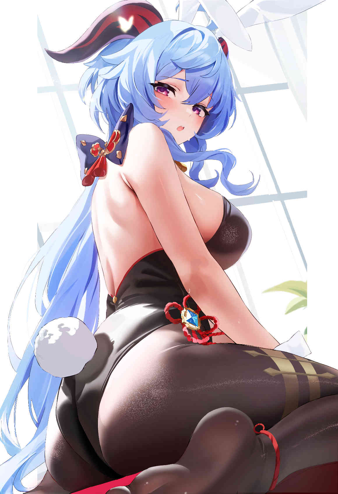 1girl :o alternate_costume animal_ears ass back backless_leotard bare_arms bare_shoulders black_leotard black_pantyhose blue_hair blush breasts bug butterfly fake_animal_ears fake_tail fantongjun from_behind ganyu_(genshin_impact) genshin_impact goat_horns highleg highleg_leotard highres horns jpeg_artifacts large_breasts leotard long_hair open_mouth pantyhose playboy_bunny purple_eyes rabbit_ears rabbit_tail solo tail thighs vision_(genshin_impact)