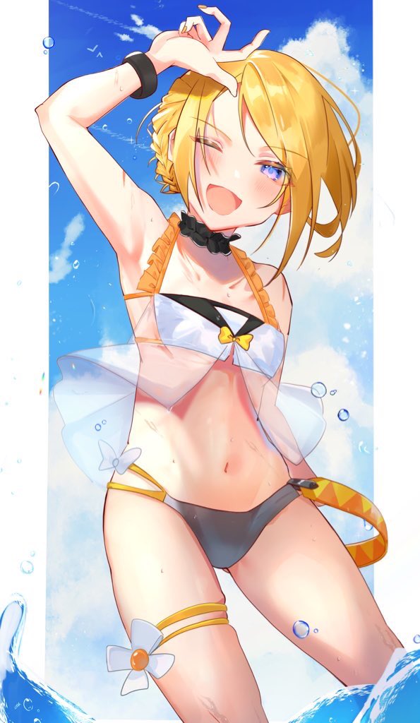 1girl adapted_costume aged_up alternate_hairstyle arm_up ass_visible_through_thighs asymmetrical_clothes asymmetrical_hair bikini blonde_hair blue_eyes braid breasts choker frilled_bikini frilled_choker frills from_below inubangarou kagamine_rin looking_at_viewer navel open_mouth outside_border see-through side_braid sky smile solo swept_bangs swimsuit thigh_strap vocaloid water