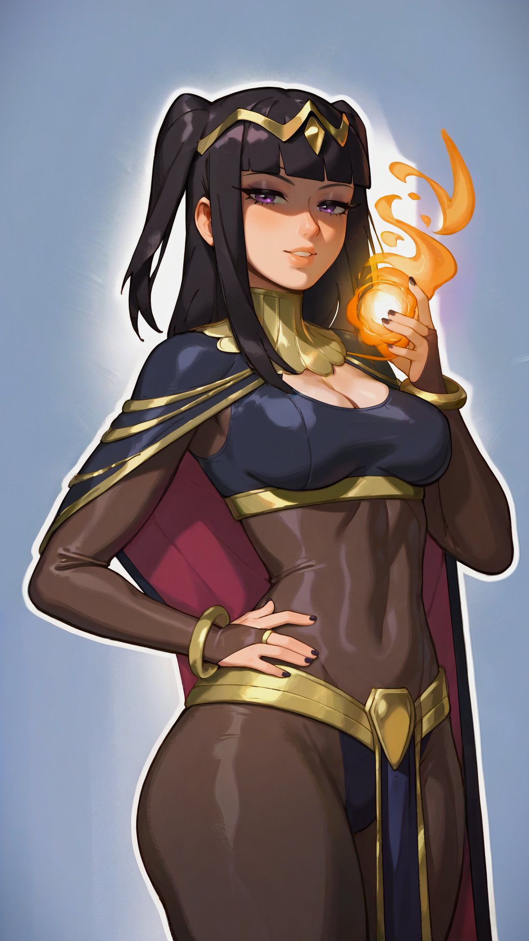 1girl bangle black_hair blunt_bangs bodystocking bodysuit book bracelet bridal_gauntlets cape circlet covered_navel fire fire_emblem fire_emblem_awakening highres jewelry skin_tight smile tenebriskingart tharja_(fire_emblem) tiara torn_bodystocking torn_clothes two-tone_cape two_side_up