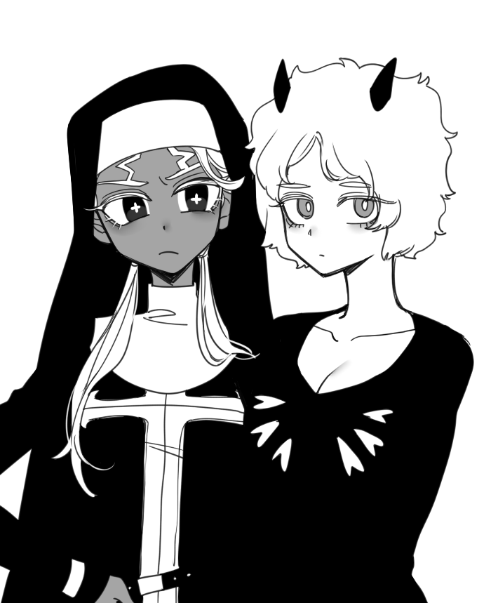 2girls breasts cleavage dark-skinned_female dark_skin enrico_pucci genderswap genderswap_(mtf) greyscale habit hand_on_own_hip horns jojo_no_kimyou_na_bouken medium_breasts monochrome multiple_girls nun sempon_(doppio_note) siblings sisters stone_ocean v-shaped_eyebrows weather_report