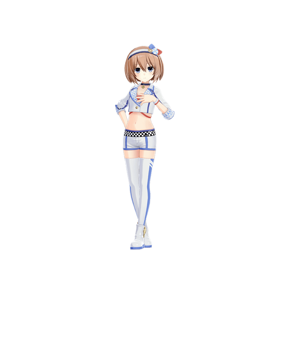 1girl arm_behind_back blanc_(neptunia) blue_choker blue_eyes brown_hair choker cropped_jacket crossed_legs expressionless full_body hair_between_eyes hairband hand_on_own_chest highres jacket light_frown looking_at_viewer medium_hair midriff navel neptune_(series) official_art promotional_art short_shorts shorts solo standing striped_clothes striped_hairband thighhighs white_jacket white_shorts