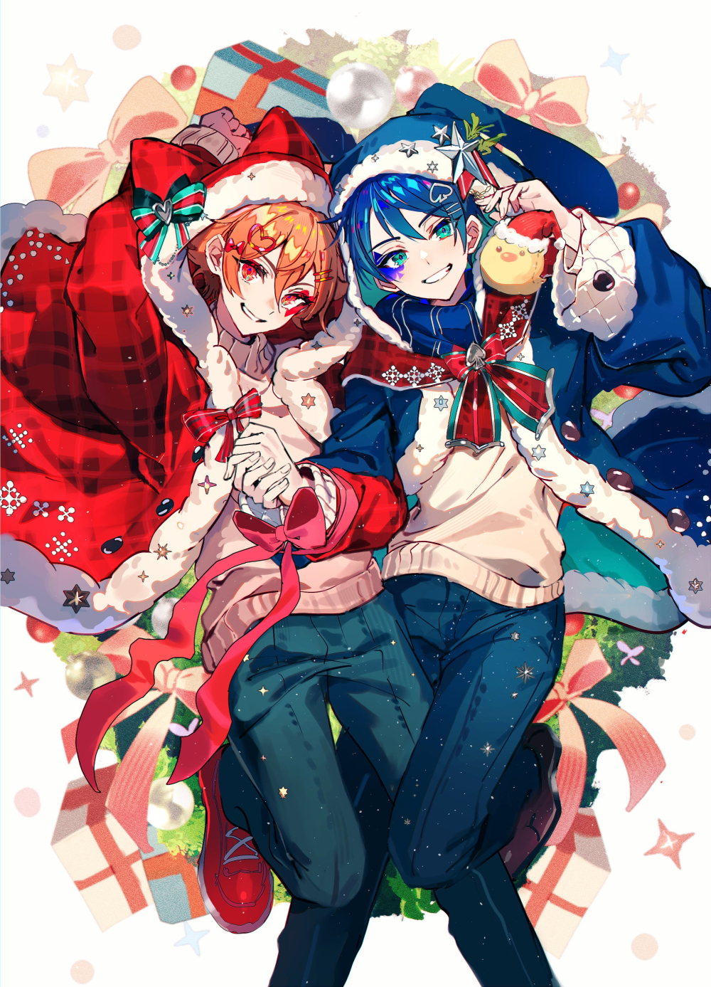 2boys ace_trappola arm_up blue_hair blush christmas deuce_spade fur-trimmed_hood fur_trim gift green_eyes hair_between_eyes happy highres holding_hands hood looking_at_viewer male_focus multiple_boys multiple_hairpins onko orange_hair pants pink_ribbon plaid red_eyes ribbed_sweater ribbon short_hair smile sparkle standing standing_on_one_leg star_(symbol) sweater twisted_wonderland white_sweater