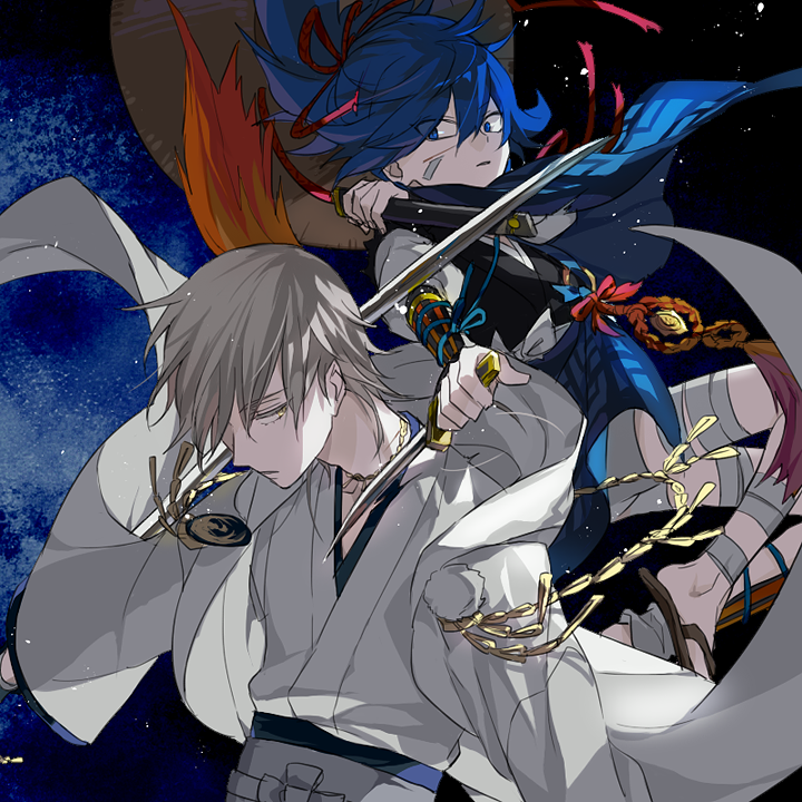 2boys armor bandages bandaid bandaid_on_face blue_eyes blue_hair closed_mouth glowing glowing_eyes hair_between_eyes hat holding holding_sword holding_weapon hood japanese_armor japanese_clothes katana light_particles long_hair male_focus multiple_boys ponytail sandals sayo_samonji scabbard sheath short_hair short_sword sword tantou touken_ranbu tsurumaru_kuninaga wato_samirika weapon white_hair yellow_eyes