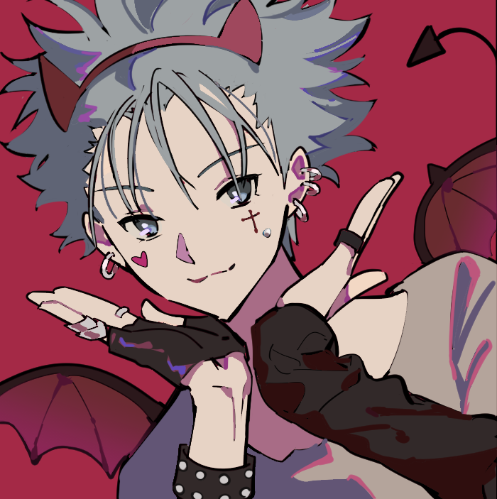 1boy :3 black_gloves black_sleeves blue_eyes blue_hair closed_mouth cross cross_facial_mark demon_tail demon_wings dutch_angle ear_piercing earrings facial_mark fake_horns fingerless_gloves gloves grey_hair grey_shirt hairband hands_up heart heart_facial_mark horns jewelry long_sleeves looking_at_viewer male_focus multiple_earrings multiple_rings nana_(series) null024 okazaki_shin'ichi piercing portrait red_background red_hairband ring shirt short_hair simple_background single_glove smile smirk solo spiked_hair studded_bracelet t-shirt tail wings