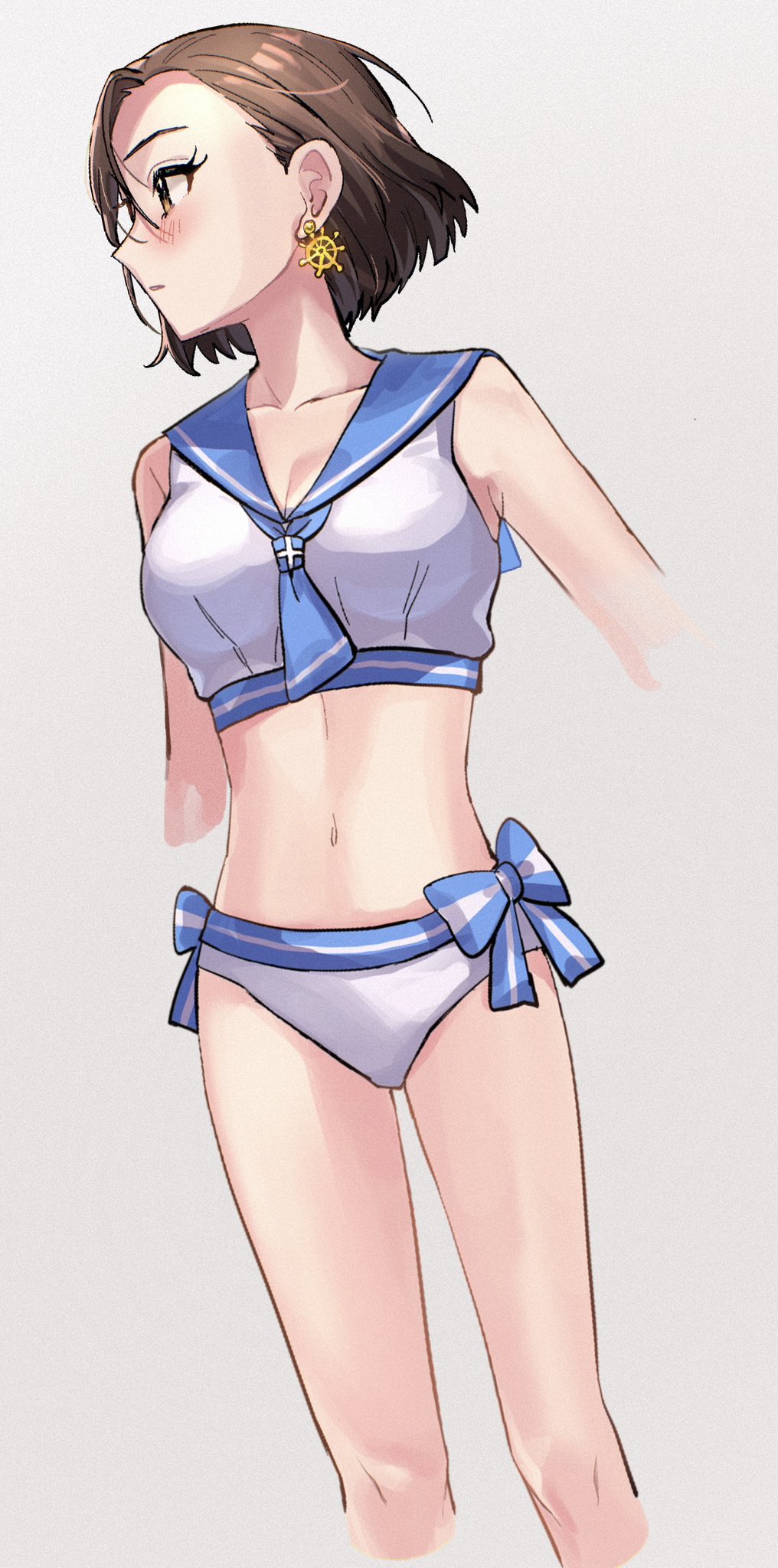 1girl bare_legs blush breasts brown_hair collarbone cropped_arms cropped_legs highres idolmaster idolmaster_cinderella_girls looking_to_the_side medium_breasts mizuki_seira navel profile sailor_bikini sailor_collar sailor_swimsuit_(idolmaster) short_hair simple_background solo stomach yuzuhota0313