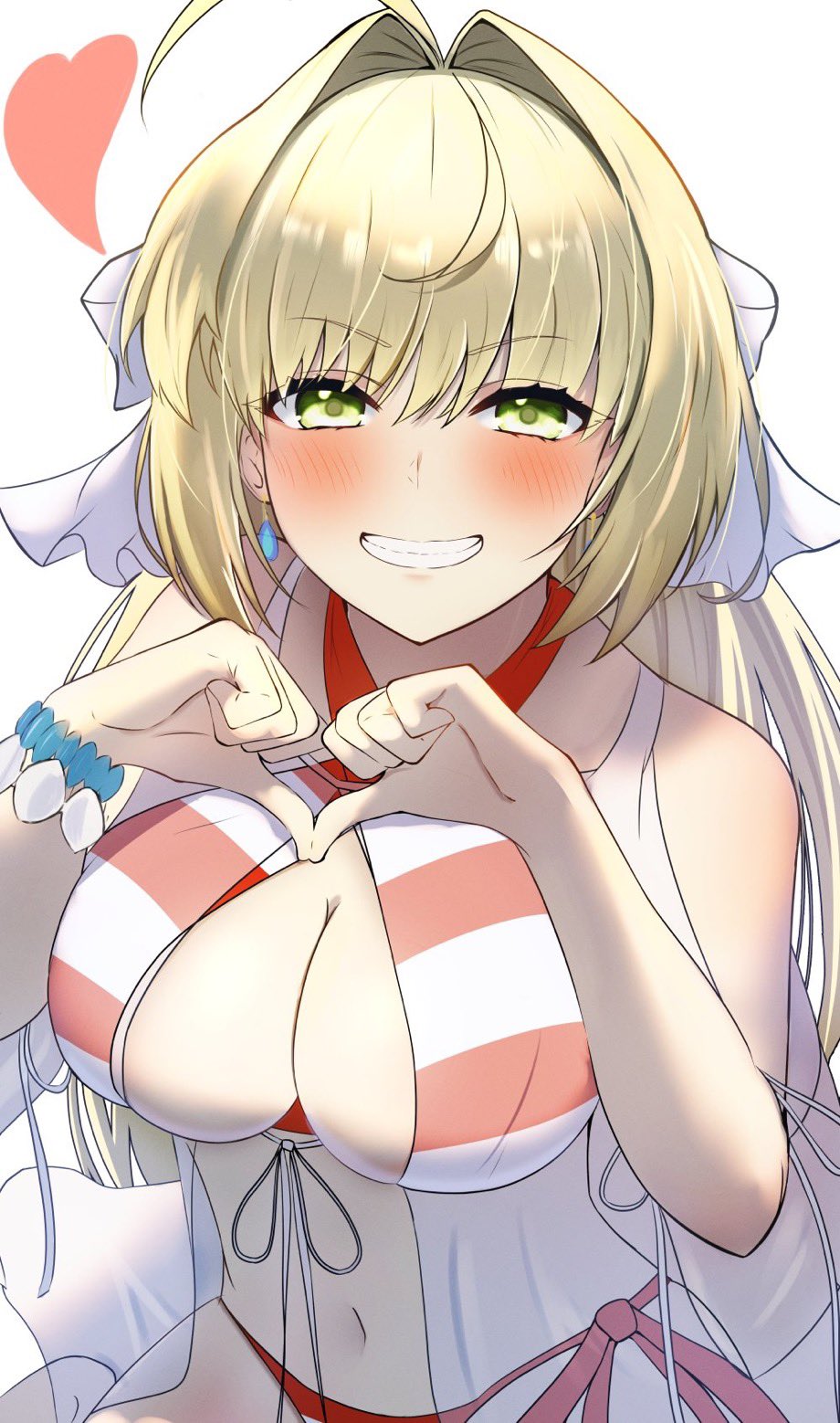 1girl ahoge bead_bracelet beads bikini blonde_hair blush bracelet braid breasts cleavage criss-cross_halter dress fate/grand_order fate_(series) finger_heart gown green_eyes hair_intakes halterneck heart highres jewelry large_breasts long_hair looking_at_viewer navel nero_claudius_(fate) nero_claudius_(swimsuit_caster)_(fate) nero_claudius_(swimsuit_caster)_(third_ascension)_(fate) red_bikini see-through side-tie_bikini_bottom sling_bikini_top smile solo striped_bikini striped_clothes swimsuit umi_endu