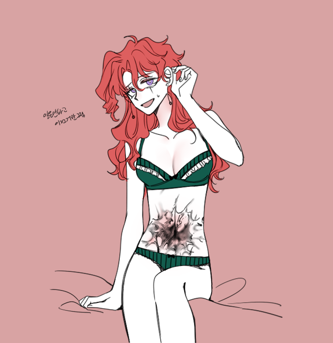 1girl bra breasts earrings genderswap genderswap_(mtf) jewelry jojo_no_kimyou_na_bouken kakyoin_noriaki long_hair medium_breasts open_mouth panties purple_eyes red_background red_hair scar scar_across_eye scar_on_stomach sempon_(doppio_note) sitting smile solo stardust_crusaders tucking_hair underwear