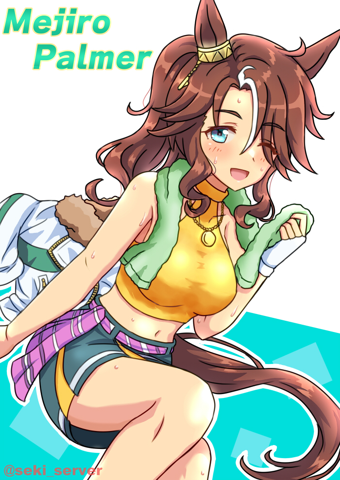 1girl animal_ears blush breasts brown_hair character_name commentary_request cowboy_shot crop_top cropped_jacket ear_ornament fur-trimmed_jacket fur_trim green_eyes green_skirt grin hair_between_eyes horse_ears horse_girl horse_tail jacket jewelry long_hair long_sleeves looking_at_viewer medium_breasts mejiro_palmer_(umamusume) midriff miniskirt multicolored_hair navel necklace one_eye_closed open_clothes open_jacket open_mouth pleated_skirt ponytail seki_(hyokosho) shirt sidelocks simple_background sitting skirt smile solo standing star_(symbol) streaked_hair sweat tail teeth towel towel_around_neck twitter_username umamusume unworn_jacket white_background white_hair white_jacket yellow_shirt