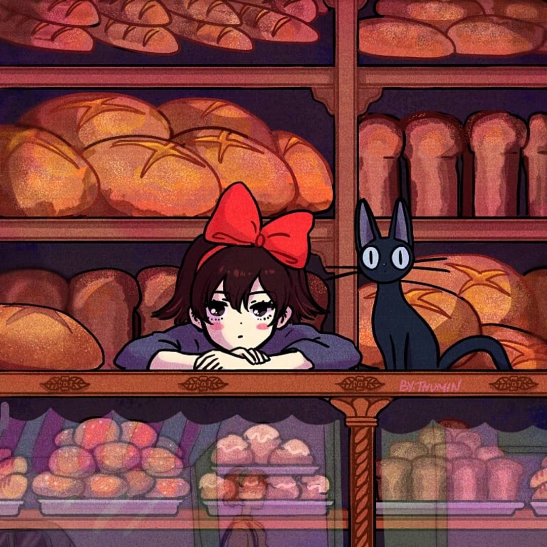 1girl animal bakery black_cat blue_dress blush_stickers bow bread brown_hair cat derivative_work dress english_commentary food hair_bow indoors jiji_(majo_no_takkyuubin) kiki_(majo_no_takkyuubin) long_sleeves looking_at_viewer majo_no_takkyuubin pastry red_bow screenshot_redraw shop short_hair studio_ghibli thuminnnoo